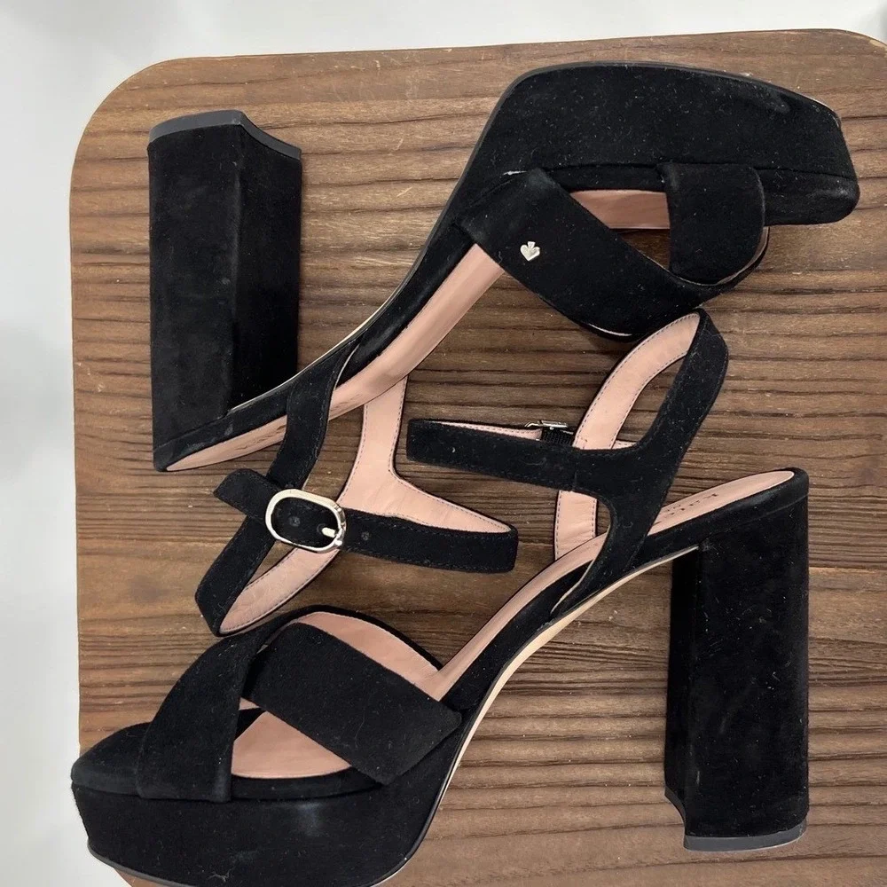 Kate Spade Delia Black Suede Platform Block Heel‎ Sandals Square Toe Strap 7.5B